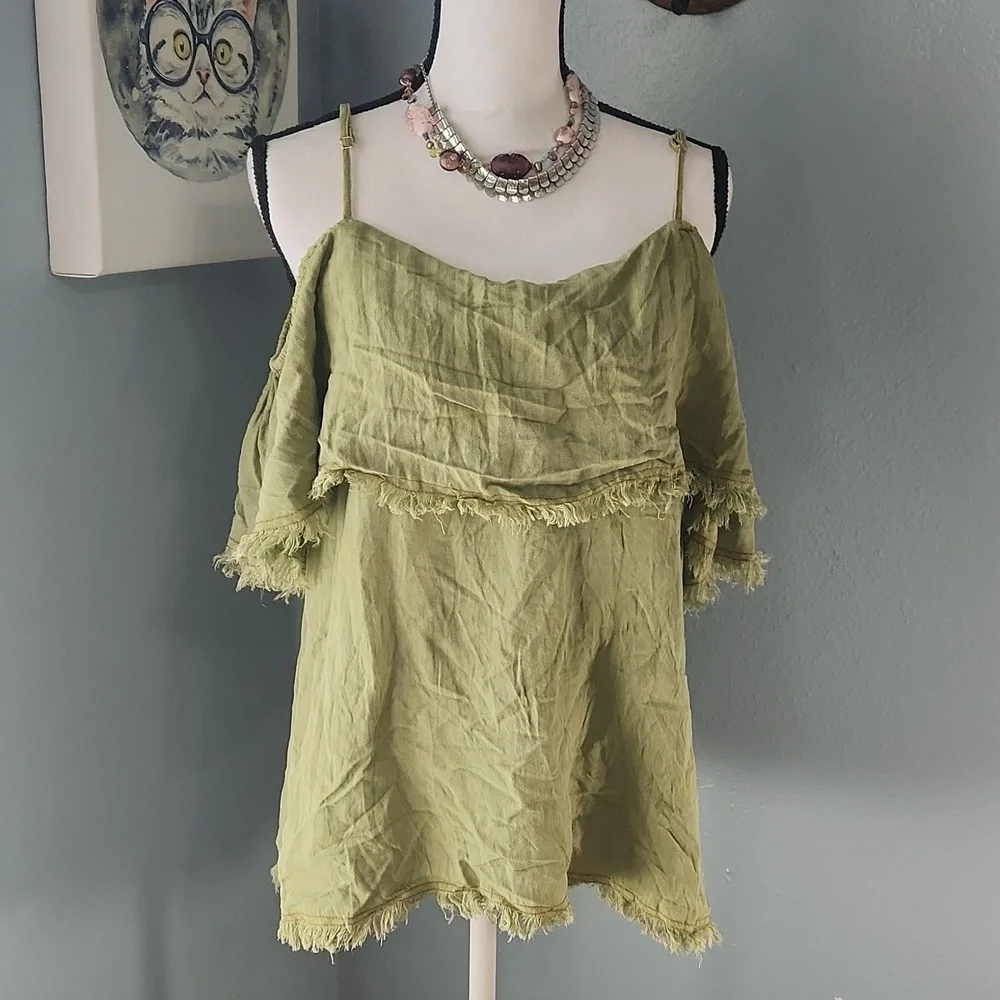 Green Sage Umgee Boho Frayed Blouse - Picture 2 of 8